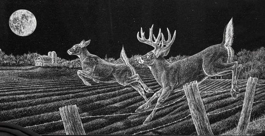 Hand etching on black granite of two whitetail deer clearing a wire fence in a moonlit ploughed field, with a barn on the horizon