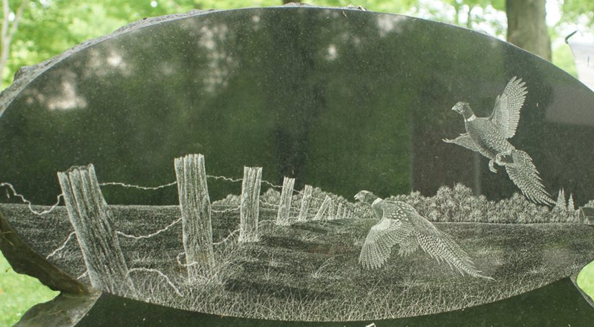 Hand etching on a black granite oval of two pheasants rising from a field beside a barbed wire fence